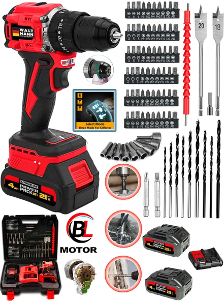 Waltmann Alman WXR-3400 Darbeli Kömürsüz Motor Samsung Pilli 2 Akülü Vidalama Matkap + 84 Parça Aksesuar Set ürün görseli 1