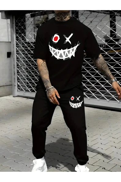 Oversize Gülen yüz Baskılı Original Ünisex Yazlık T-shirt ve Eşofman Altı 2 li Set Combin Takım ürün görseli 1