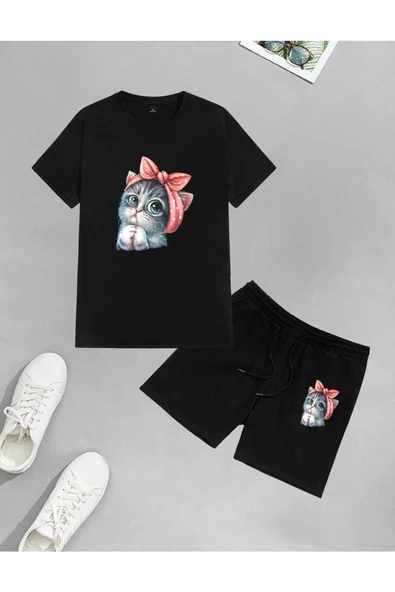 LUNAVISTA Unisex Sevimli Minik Kedi Baskılı Şort-T-shirt takımı ürün görseli 1