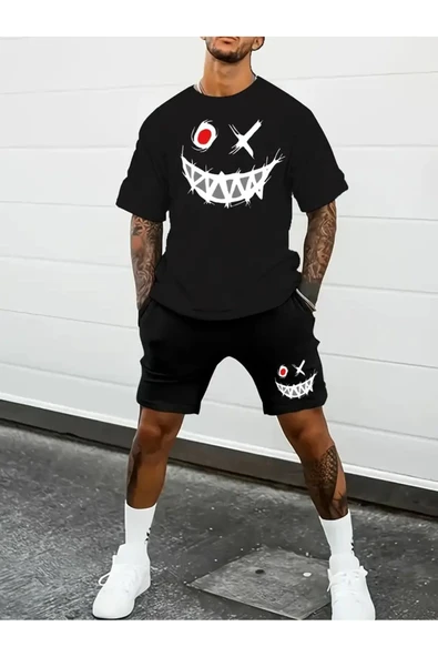 Oversize Gülenyüz Baskılı Ünisex Yazlık T-shirt ve Şort 2 li Set Combin Takım ürün görseli 1