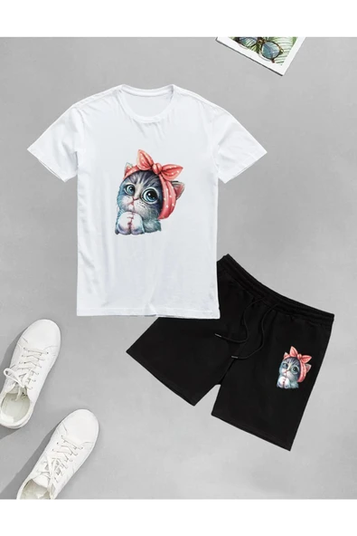 LUNAVISTA Unisex Sevimli Minik Kedi Baskılı Şort-T-shirt takımı ürün görseli 1