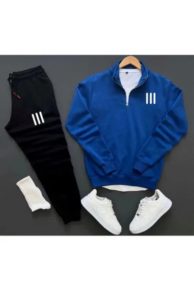 Unisex Üç Çizgi Baskılı Yarım Fermuarlı Sweatshirt-Eşofman Altı Set Kombin ürün görseli 1