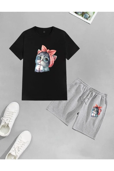 LUNAVISTA Unisex Sevimli Minik Kedi Baskılı Şort-T-shirt takımı ürün görseli 1