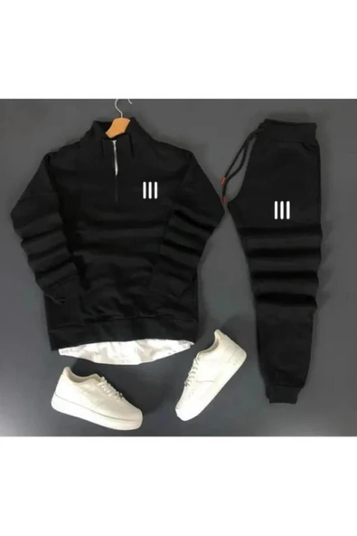 Unisex Üç Çizgi Baskılı Yarım Fermuarlı Sweatshirt-Eşofman Altı Set Kombin ürün görseli 1