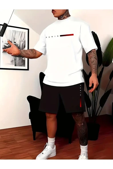 Oversize T-shirt Paris Baskılı Ünisex Yazlık T-shirt ve Şort 2 li Set Combin Takım ürün görseli 1