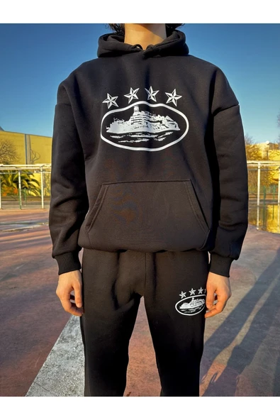 Corteiz Yıldız Baskılı Unisex Hoodie Siyah Takım Sokak Giyim Tarzı ürün görseli 1