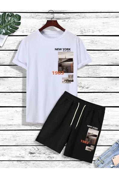 unısex new york şehır baskılı tişört şort takımı ürün görseli 1