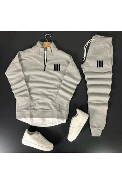 Unisex Üç Çizgi Baskılı Yarım Fermuarlı Sweatshirt-Eşofman Altı Set Kombin ürün görseli 1
