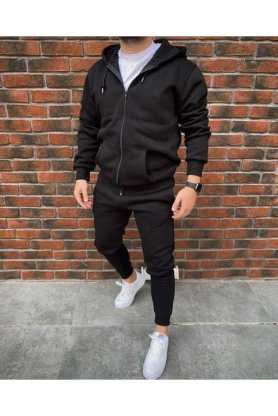 Unisex Baskısız Yeni Sezon Pamuklu Kapşonlu Fermuarlı Ceket Eşofman altı 2Li set ürün görseli 1