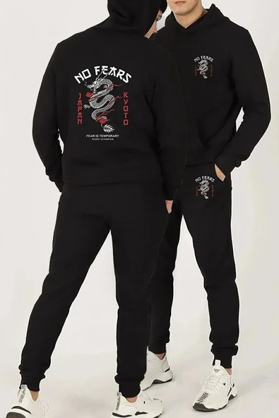 Erkek NO Fears Dragon Baskılı Kapüşonlu Sweatshirt Alt-üst Takım ürün görseli 1