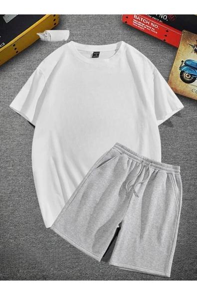 Beyaz T-shirt & Gri Şort Takım ürün görseli 1