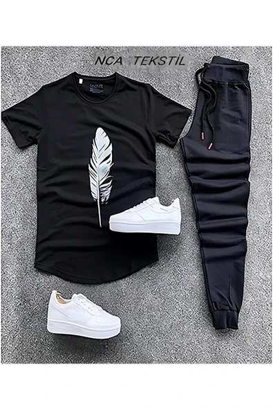 Tüy Baskılı Original Ünisex Yazlık T-shirt ve Eşofman Altı 2 li Set Combin Takım ürün görseli 1