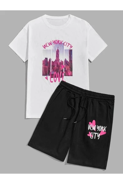 UNISEX newyork cıty baskılı şort tişört takımı ürün görseli 1