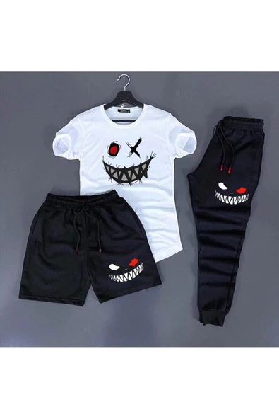 3'lü Unisex Kombin Smile Baskılı T-shirt, Şort Ve Eşorfman Kombin ürün görseli 1