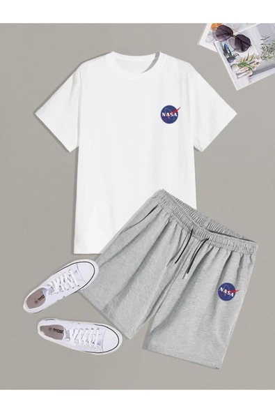 UNISEX mavı nasa logo şort tişört takımı ürün görseli 1