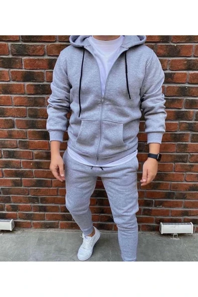 Unisex Baskısız Yeni Sezon Pamuklu Kapşonlu Fermuarlı Ceket Eşofman altı 2Li set ürün görseli 1