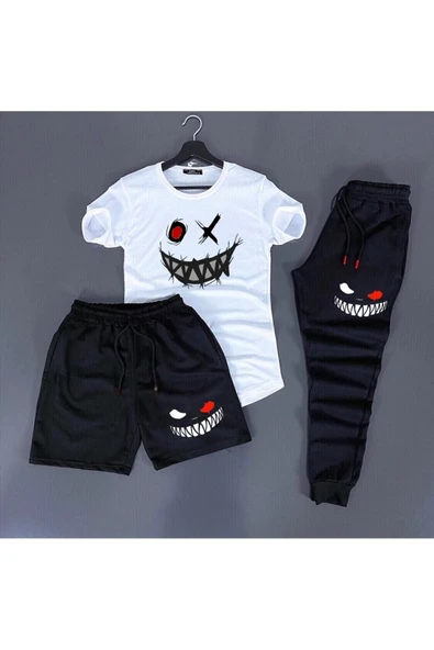 Smile Baskılı Beyaz Siyah Yazlık 3lü Kombin ürün görseli 1