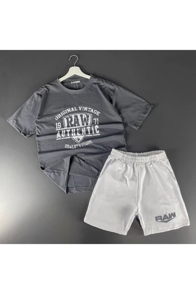 unisex RAW baskılı şort tişiört takımı ( GRİ ŞORT FÜME TİŞÖRT) ürün görseli 1