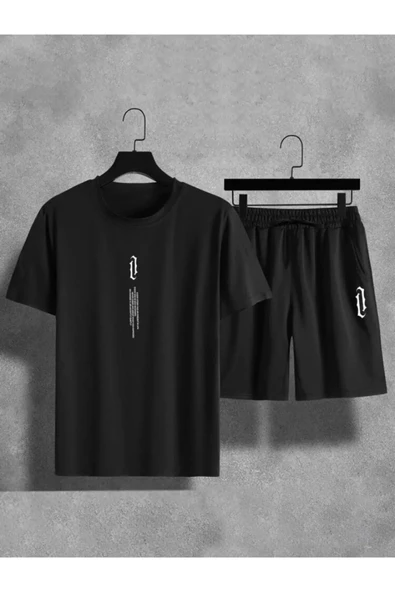 Siyah Göğüs Dikey Baskılı Alt Üst Şort T-shirt Takım Pamuklu ürün görseli 1