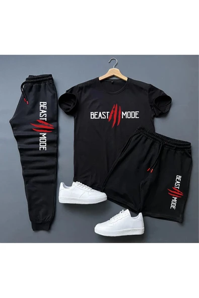 3'lü Unisex Kombin Smile Baskılı T-shirt, Şort Ve Eşorfman Kombin ürün görseli 1