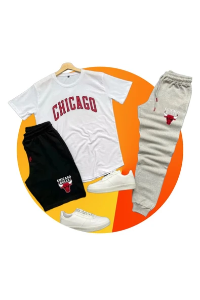 Chicago Baskılı Ünisex Yazlık Şort T-shirt Eşofman Altı 3 lü Set Combin Takım Gri ürün görseli 1