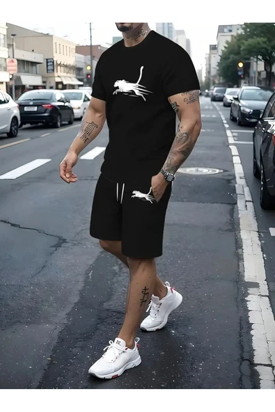 Oversize Panter Baskılı Ünisex Yazlık T-shirt ve Şort 2 li Set Combin Takım ürün görseli 1
