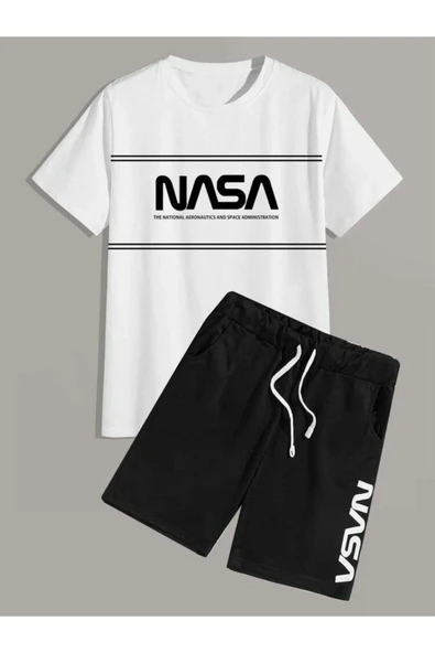 unısex nasa çızgılı baskılı tişört şort takımı ürün görseli 1
