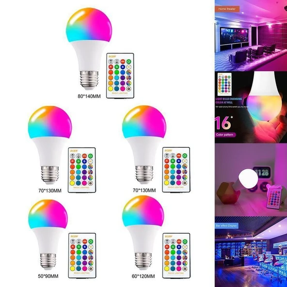 5 Adet Kumandalı, 20 Farklı Işık Renkli, Çakar Modlu Akıllı Led Ampul, Çok Kaliteli RGB E-27 Ampul ürün görseli 1