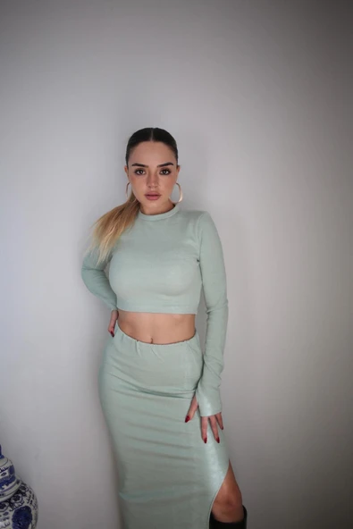 Basic Düz Renk Maxi Etek Crop Kazak Takım - Resim 6