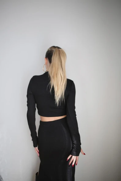 Basic Düz Renk Maxi Etek Crop Kazak Takım - Resim 12