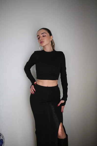 Basic Düz Renk Maxi Etek Crop Kazak Takım - Resim 11