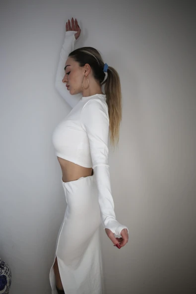 Basic Düz Renk Maxi Etek Crop Kazak Takım - Resim 5