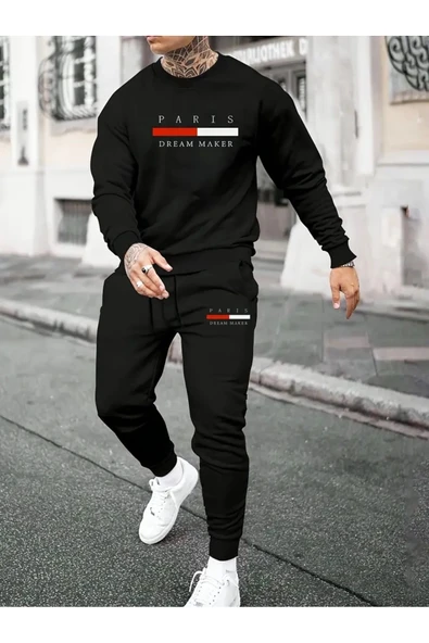 Eşofman Takımı Paris baskılı Unisex kışlık Kalın pamuklu Sweatshirt ve Eşofman altı 2' li set ürün görseli 1