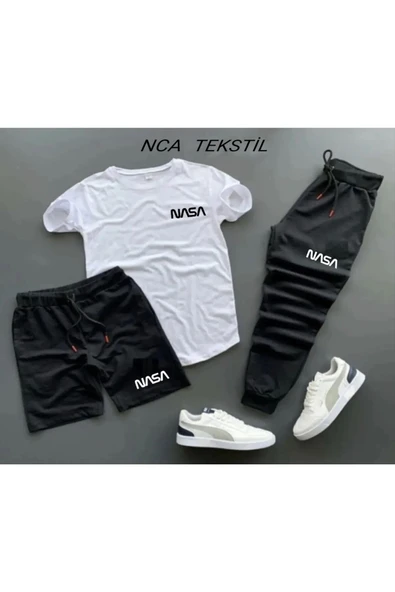 Nasa Baskılı Unisex Yazlık Şort T-shirt Eşofman Altı 3 lü Set Combin Takım ürün görseli 1