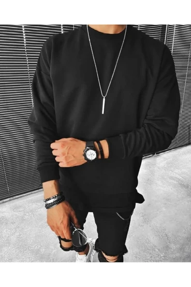 Unisex Siyah Baskısız Bisiklet Yaka Sweatshirt ürün görseli 1