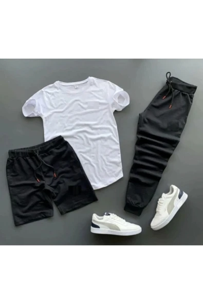 Baskısız Original Ünisex Yazlık Şort T-shirt Eşofman Altı 3 lü Set Combin Takım ürün görseli 1