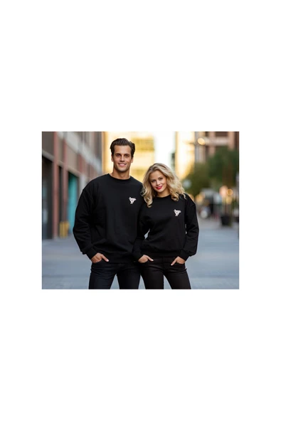Sweatshirt Üçgen Baskılı Sevgili Combin Pamuklu kalın ve Yumuşak ürün İçi Şardonlu 2 'Lİ Set Takım ürün görseli 1