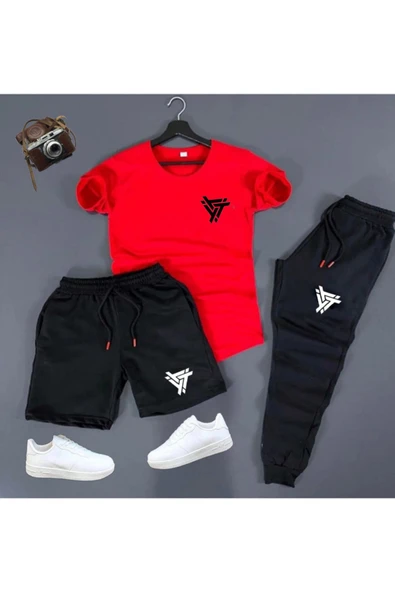 Eşofman Takımı Üçgen Baskılı Ünisex Yazlık Şort - T-shirt - Eşofman Altı 3 lü Set Combin Takım ürün görseli 1