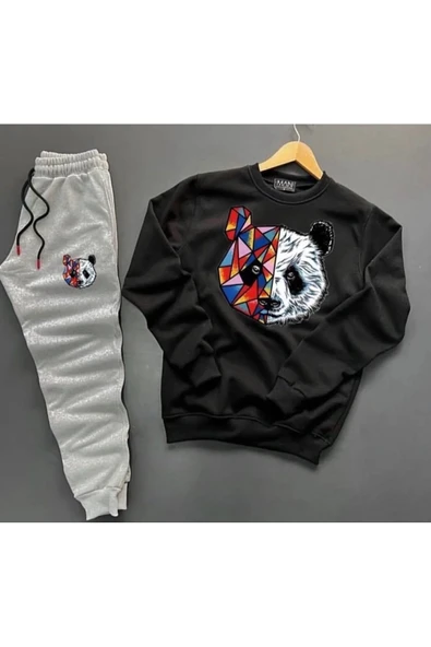 Panda Baskılı Unisex Eşofman Takımı 2'li Set Combin ürün görseli 1
