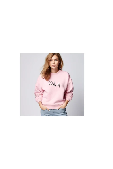 Sweatshirt Kalp Nabız Baskılı Pamuklu kalın ve Yumuşak ürün İçi Şardonlu ürün görseli 1
