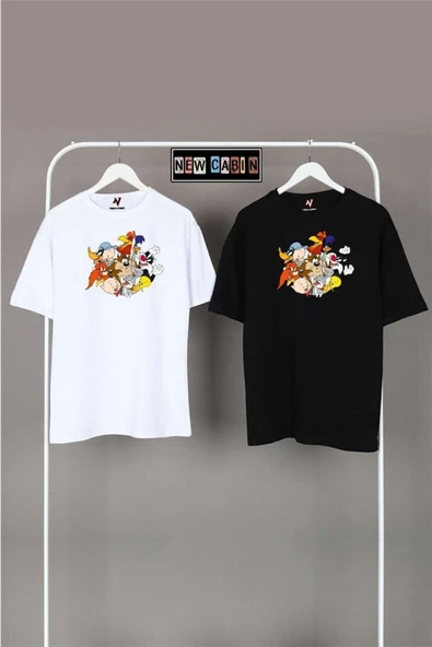 Yeni Sezon Unisex Siyah-beyaz Oversize Çift Kombinleri 2'li T-shirt ürün görseli 1