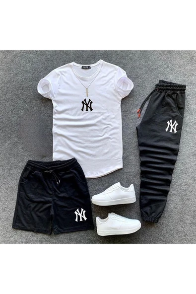 NY Baskılı Original Ünisex Yazlık Şort T-shirt Eşofman Altı 3 lü Set Combin Takım ürün görseli 1