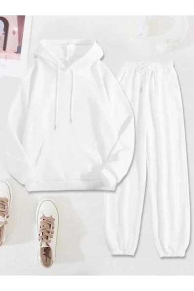 Eşofman Takımı Sweatshirt Kapşonlu Unisex Kışlık kalın Pamuklu, Şardonlu kanguru cepli beyaz ürün görseli 1