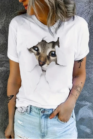 Kedi Baskılı Original Ünisex %100 Pamuklu Yeni sezon Yazlık T-shirt ürün görseli 1
