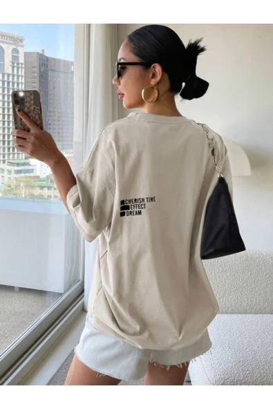 Cherısh Time Effect SIRT ve Ön Baskılı Oversize Tshirt - Resim 3