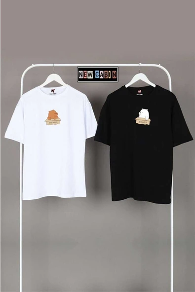 Yeni Sezon Unisex Siyah-beyaz Oversize Çift Kombinleri 2'li T-shirt ürün görseli 1