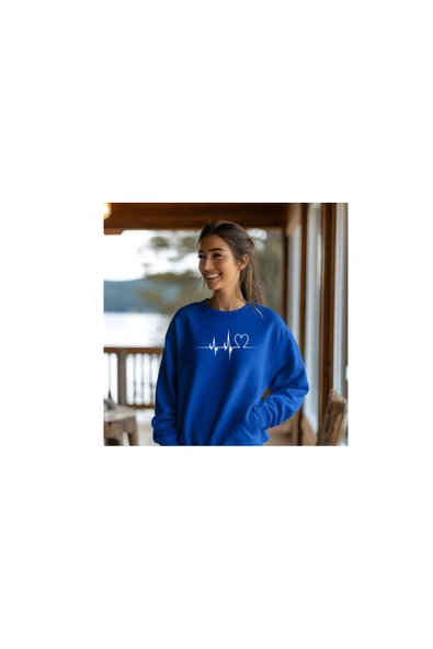 Sweatshirt Kalp Nabız Baskılı Pamuklu kalın ve Yumuşak ürün İçi Şardonlu ürün görseli 1
