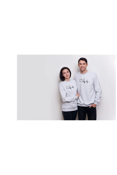 Sweatshirt Sevgili Combin Kalp Nabız Baskılı Pamuklu kalın ve Yumuşak ürün İçi Şardonlu 2 'Lİ Set ürün görseli 1