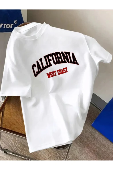 Oversize Calıfornıa Baskılı T-shirt Unisex Pamuklu Bisiklet Yaka Kısa Kollu ürün görseli 1