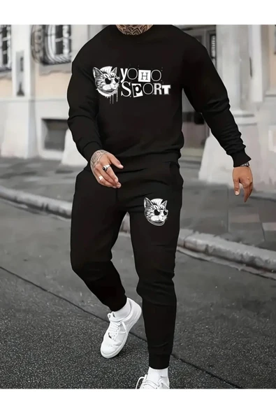 Eşofman Takımı Kedi Baskılı Ünisex Kışlık Kalın Sweatshirt ve Eşofman Altı 2 li Set Combin Takım ürün görseli 1